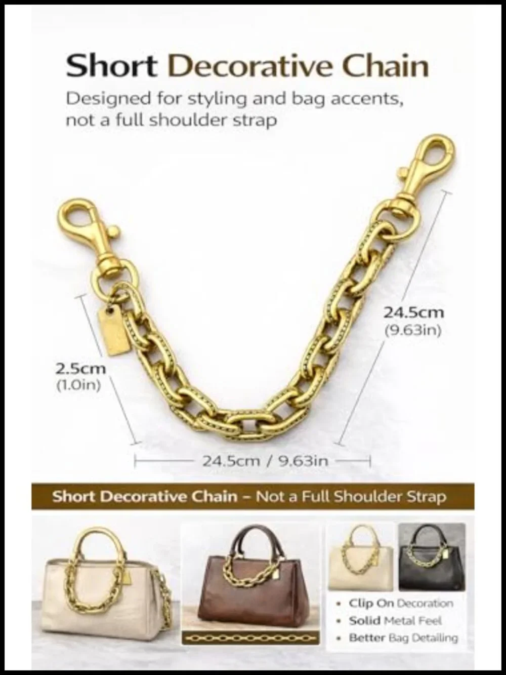 Chunky Decorative Purse Chain with Double Clips - Short Bag Accent for Handbags